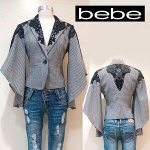 💋BOHO CHIC💋VTG Houndstooth Lace Appliqué Kimono Sleeve Blazer in Gray & Black
